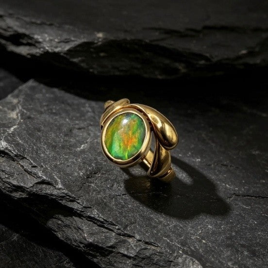 Australian solid green gold Black Opal 18k Gold Ring 2508