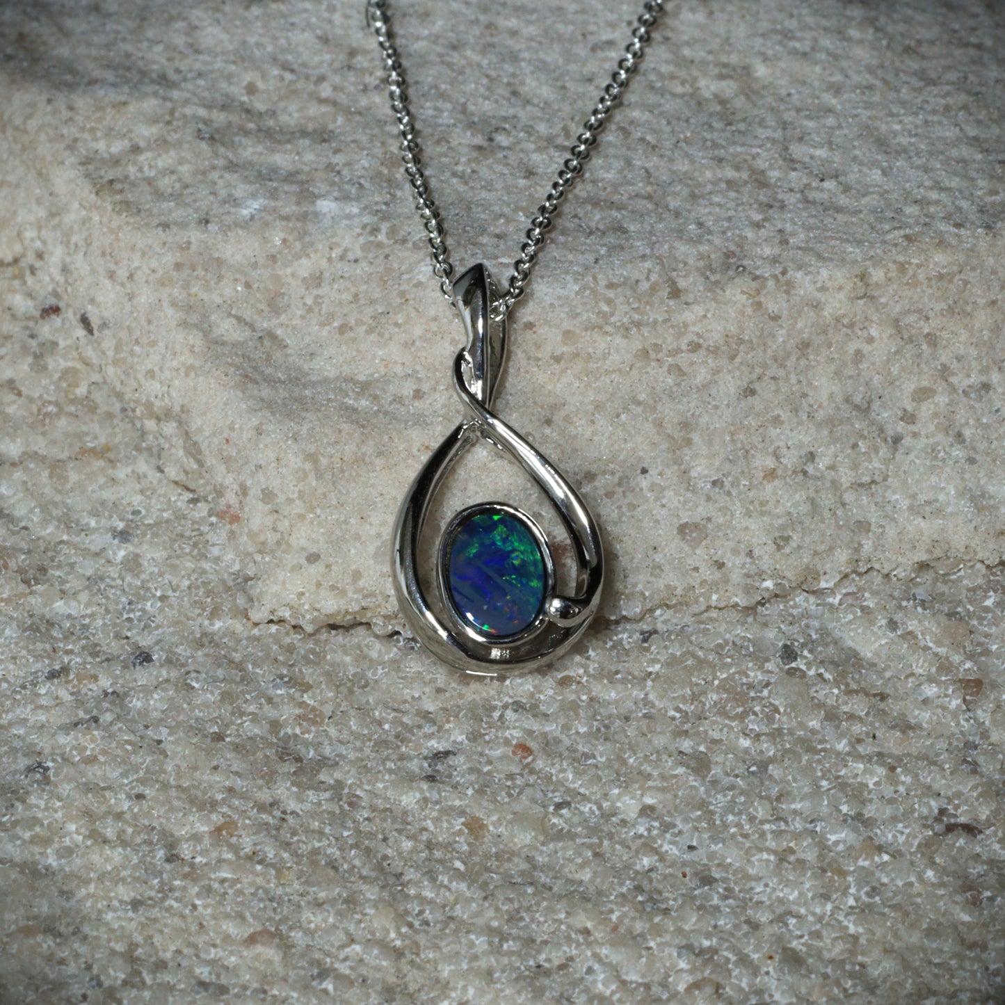 Opal Doublet Pendant – Sterling Silver, 6×4mm, Blue-Green