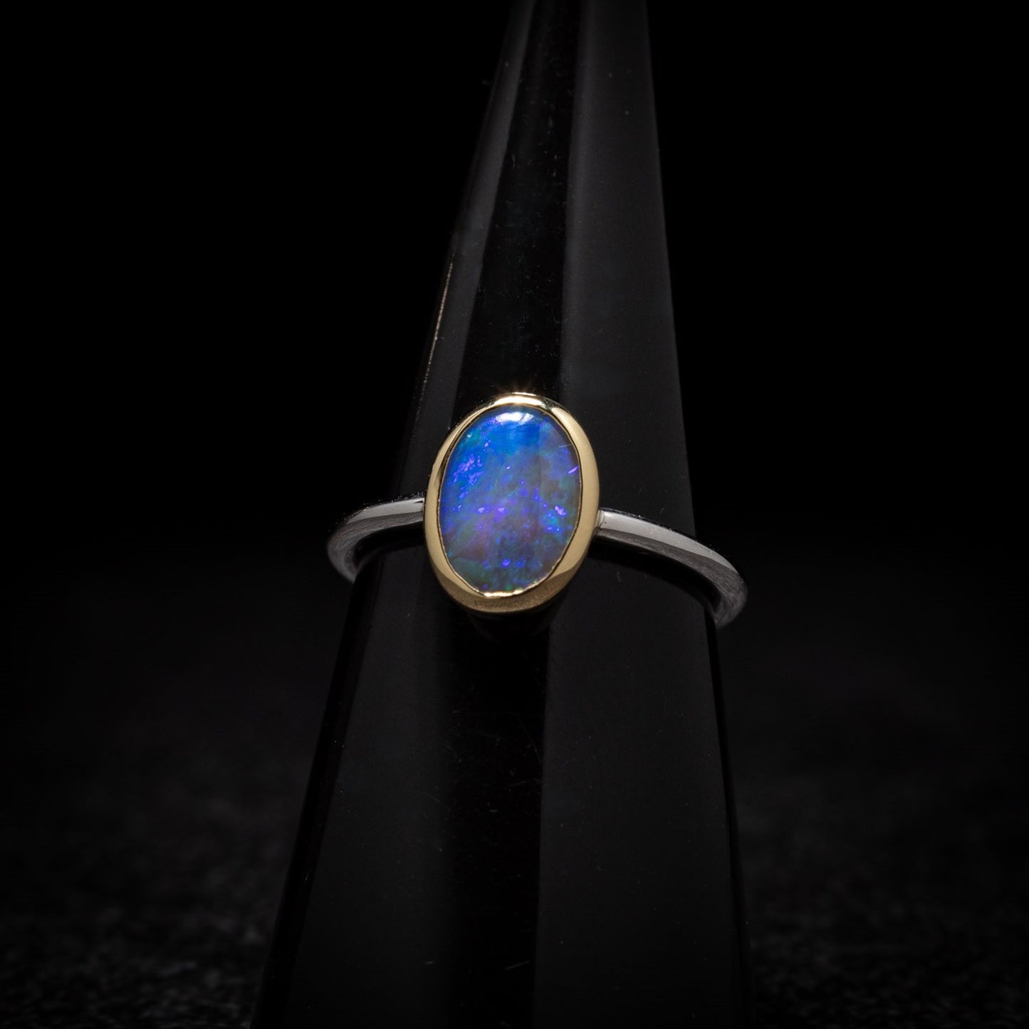 Australian Black Opal crystal in 18 karat Gold and Silver Ring