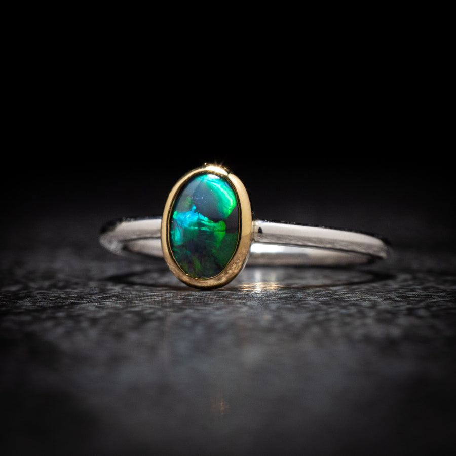 Black Opal Ring – 18K Gold & Sterling Silver, Blue Dominant, Vivid Multicolour