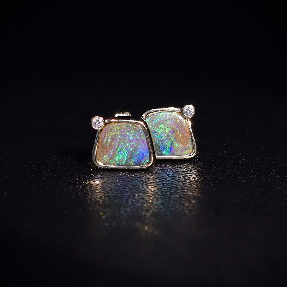 Boulder Opal Earrings – 18K Gold, 3.28ct TCW, Green, Diamond Accents