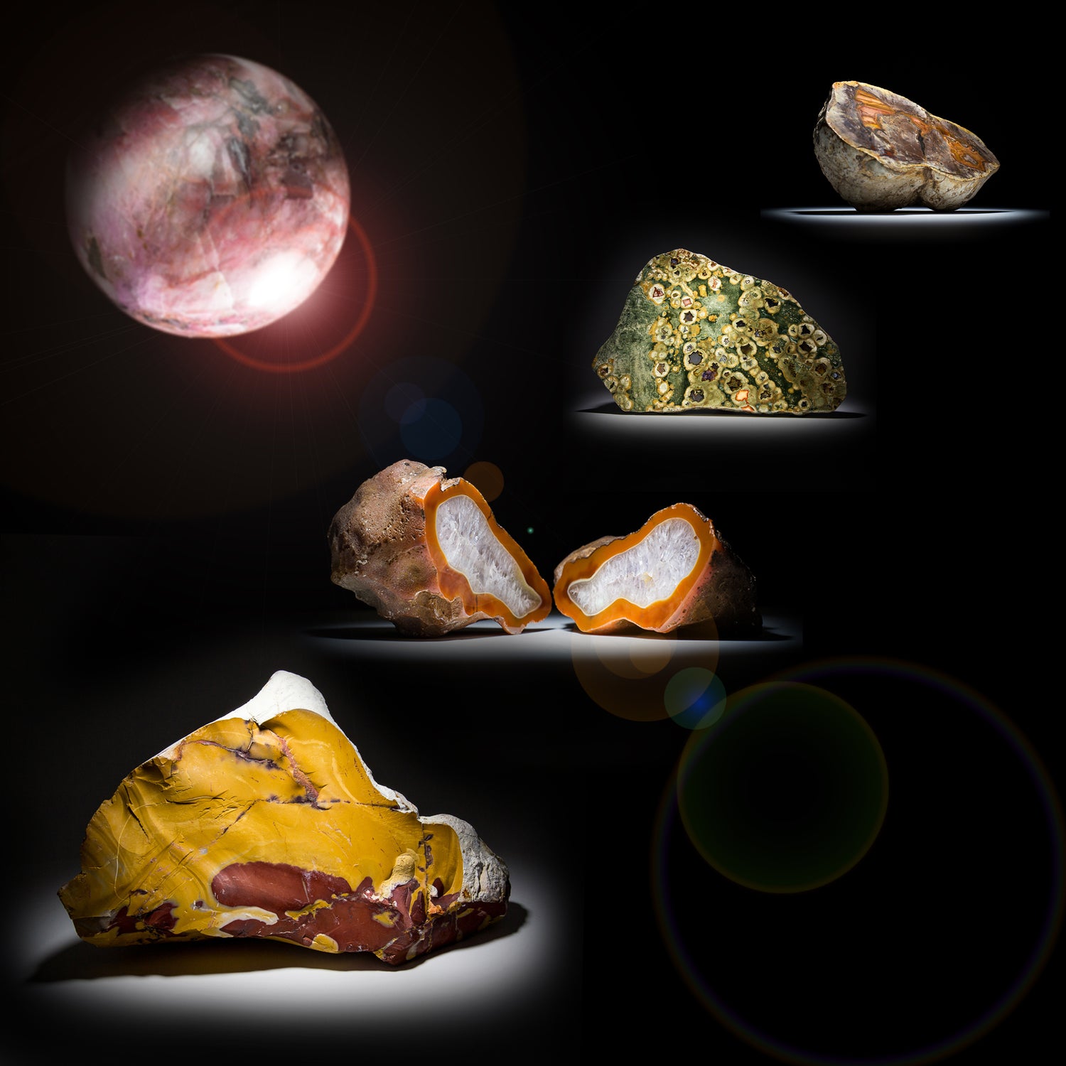 Australian gems and minerals — zebra rock, mookite, rhodonite and thunderegg specimens