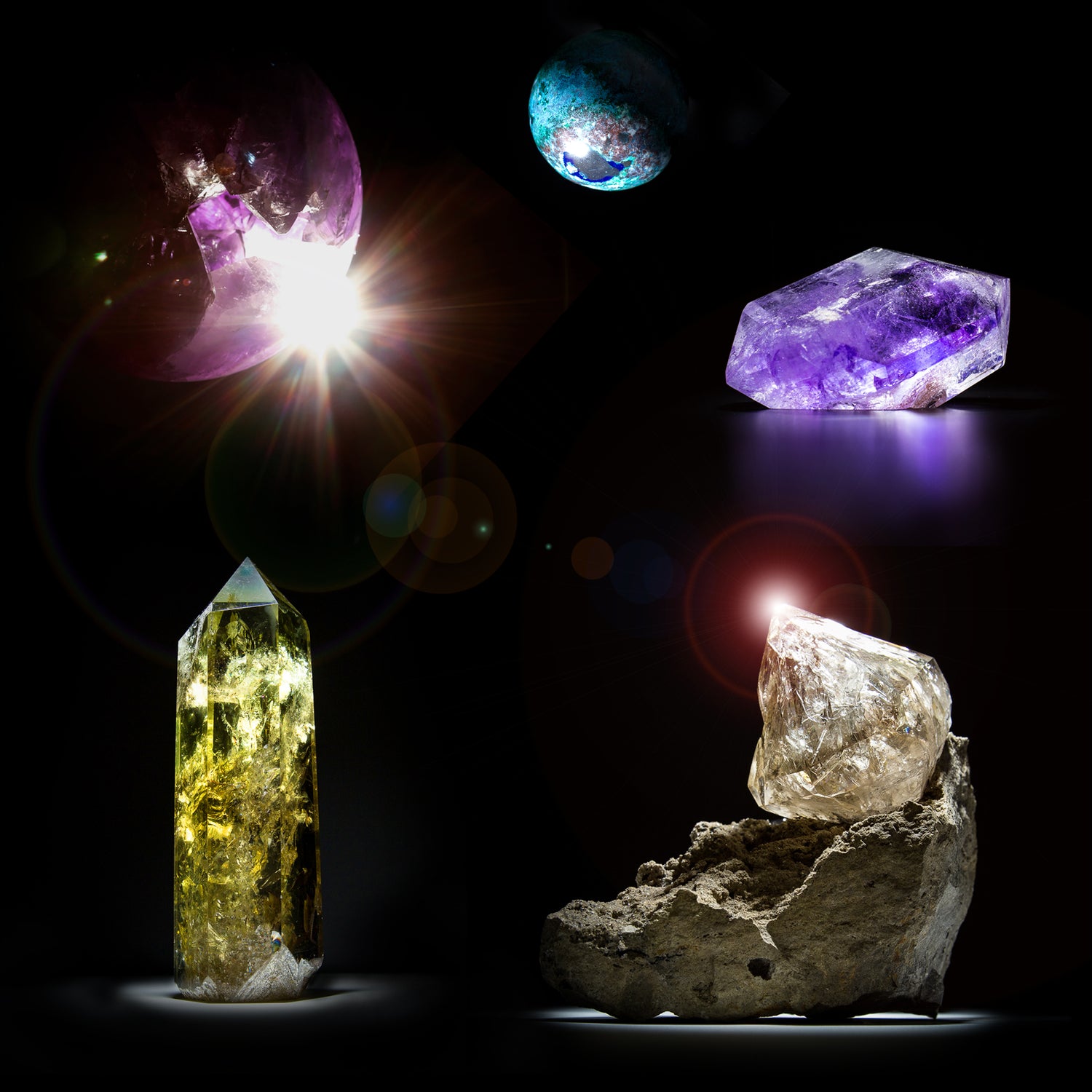 World gems and minerals — malachite, shattuckite and Brazilian agate specimens