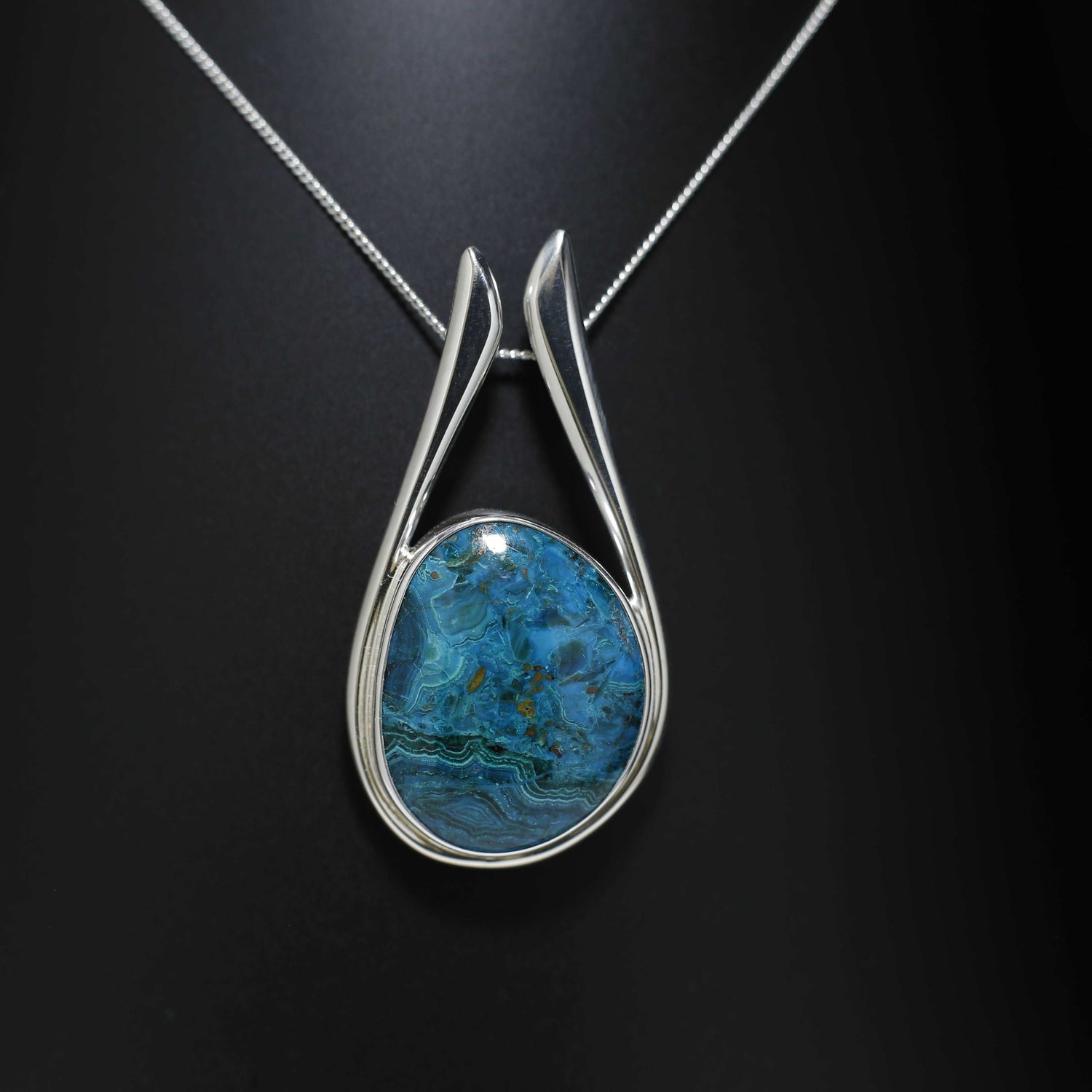 Chrysocolla silver pendant — natural blue-green world gemstone