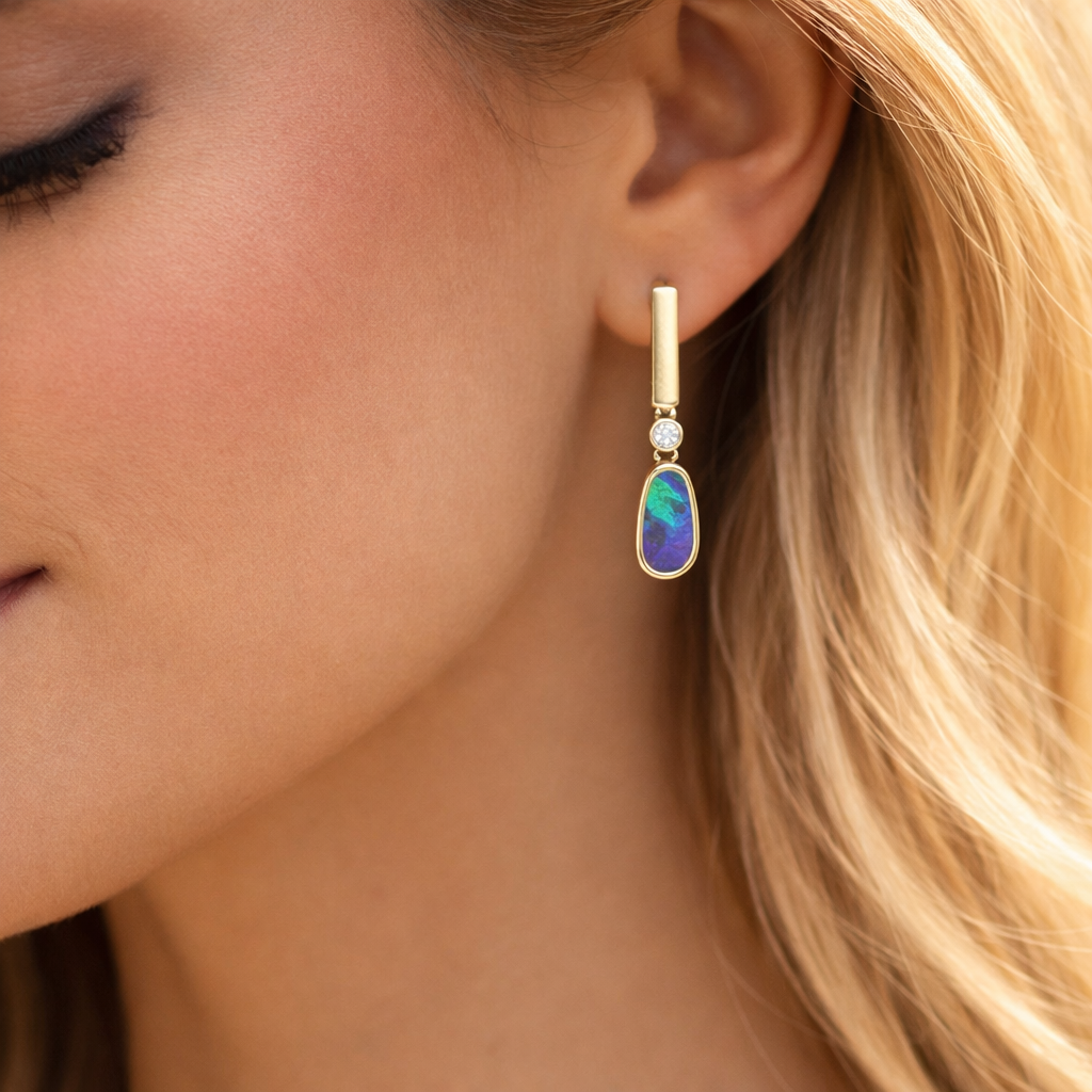 Boulder Opal Earrings – 18K Gold, 4.18ct TCW, Diamond Accents