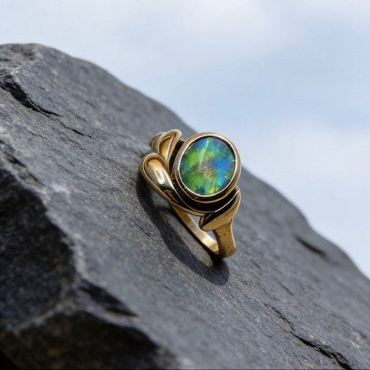 Australian solid green gold Black Opal 18k Gold Ring 2508