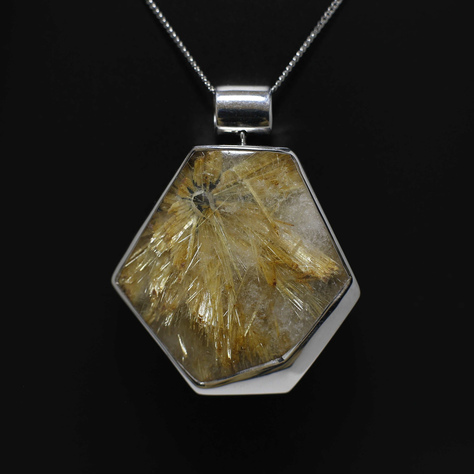 Golden Rutilated Quartz Silver Pendant – Hematite Inclusion, 41x40mm