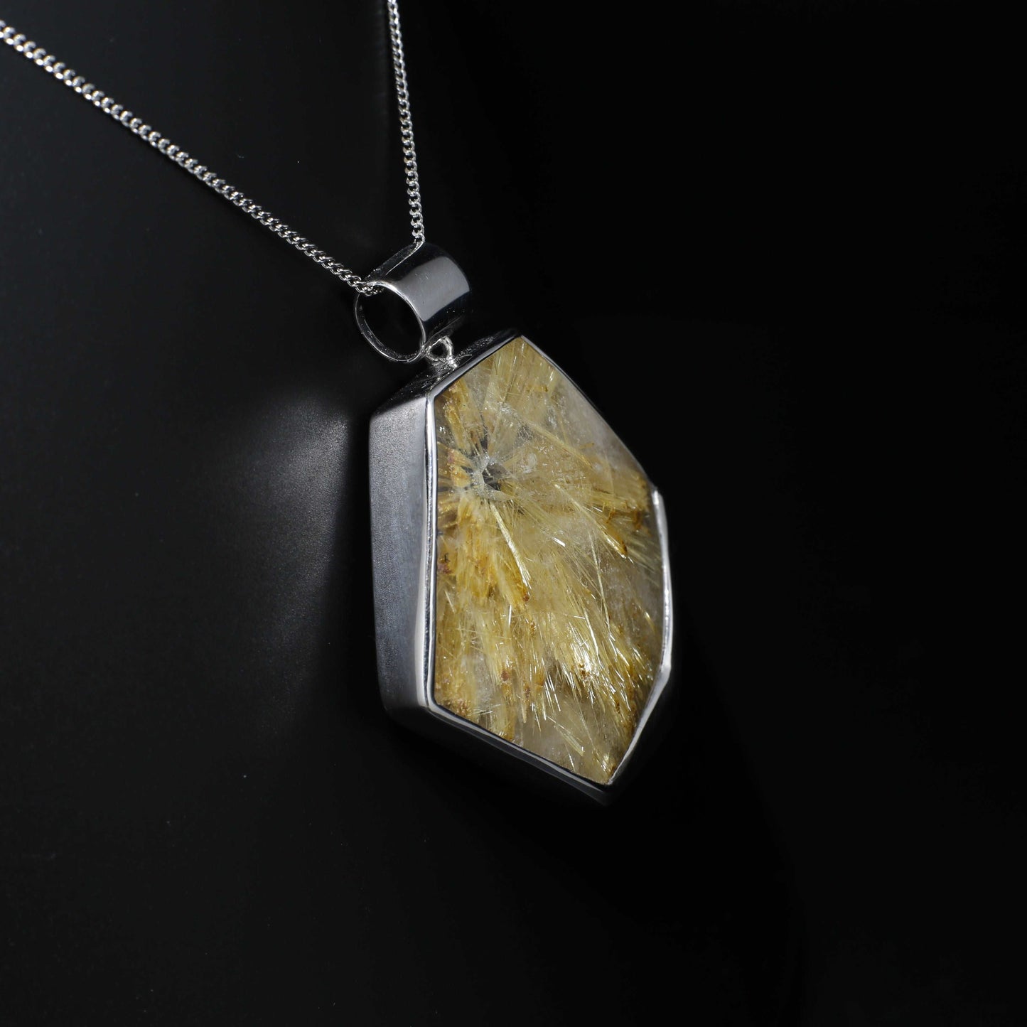 Golden Rutilated Quartz Silver Pendant – Hematite Inclusion, 41x40mm