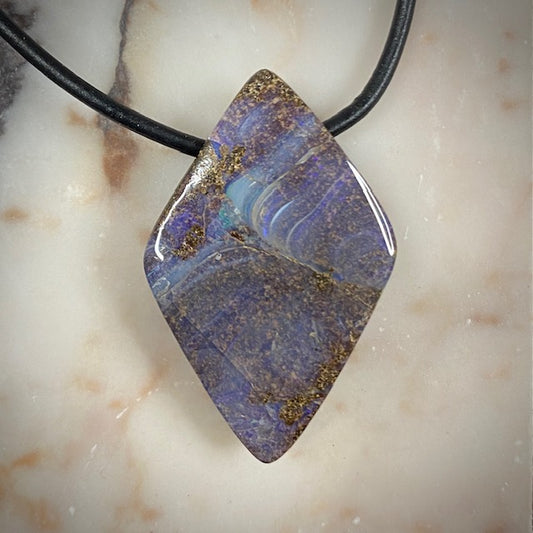 Boulder Opal Necklace – Leather Cord, Diamond Cut, Purple & Blue