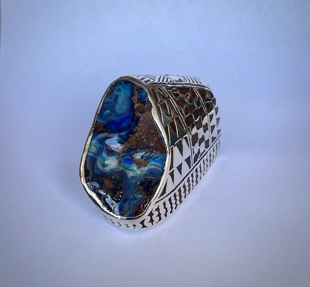 Australian Boulder opal specimen in pure silver art