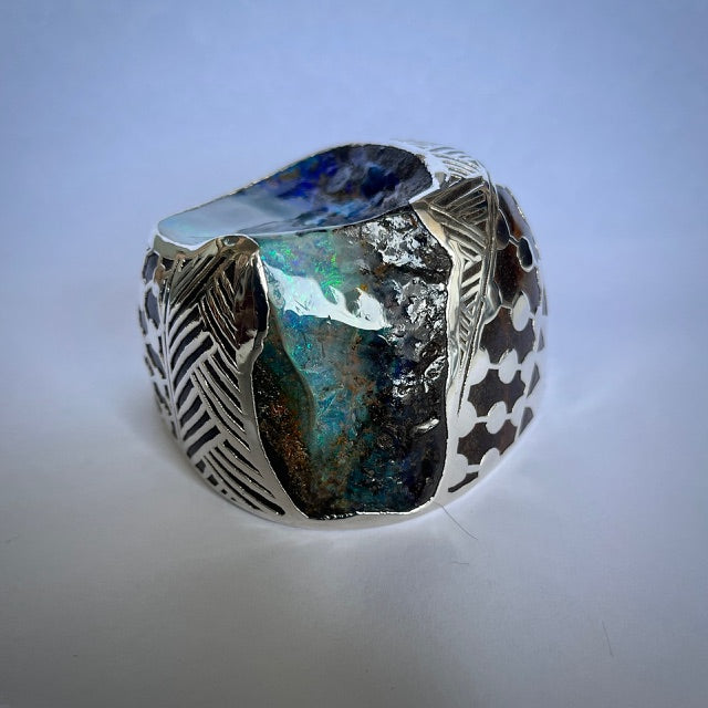 Australian Boulder opal specimen in pure silver art