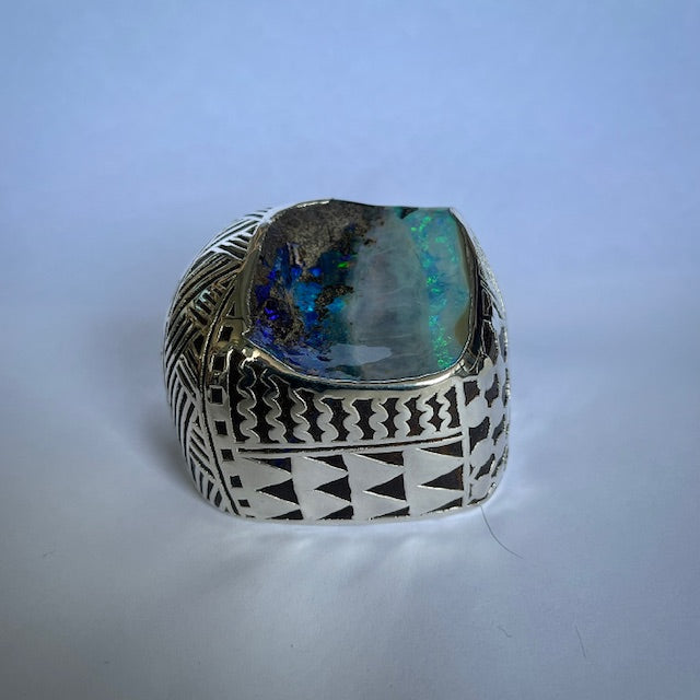 Australian Boulder opal specimen in pure silver art