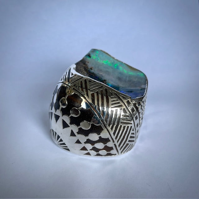 Australian Boulder opal specimen in pure silver art