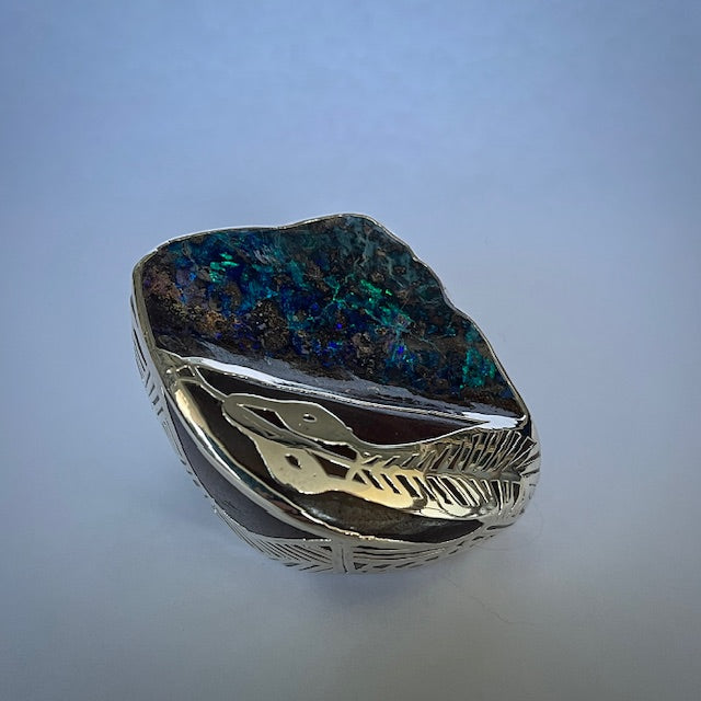 Australian Boulder opal specimen in pure silver art