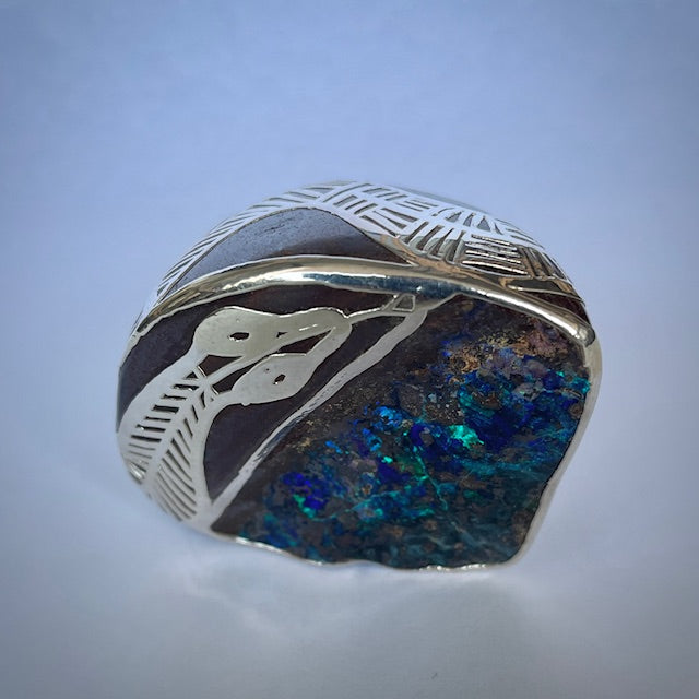 Australian Boulder opal specimen in pure silver art