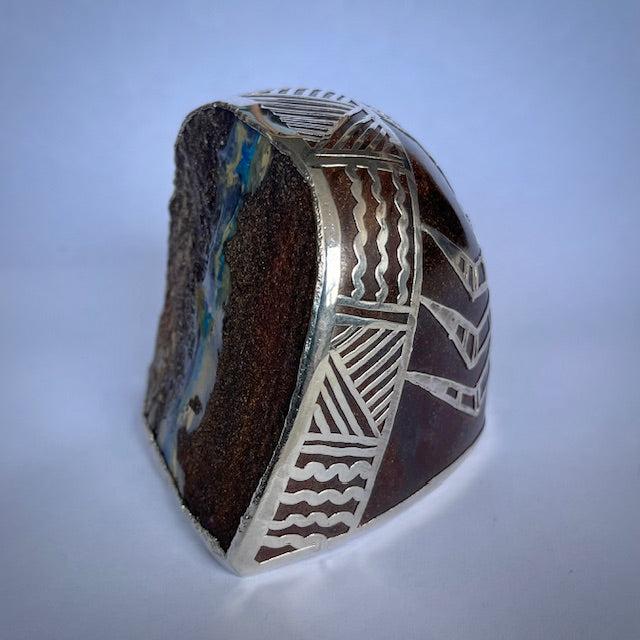 Australian Boulder opal specimen in pure silver art