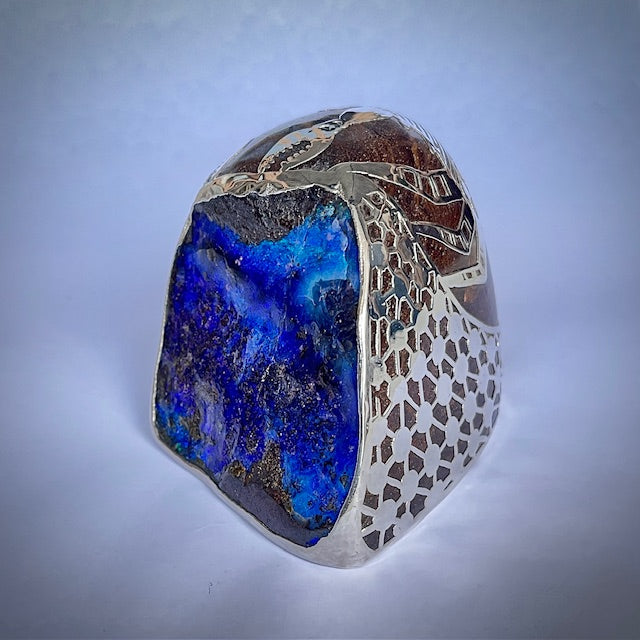 Australian Boulder opal specimen in pure silver art