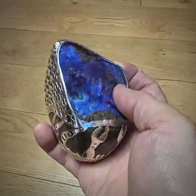 Australian Boulder opal specimen in pure silver art