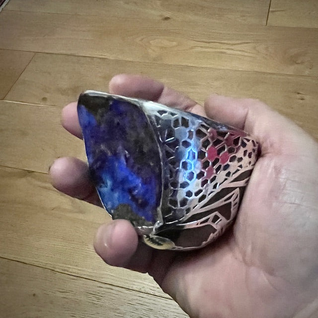 Australian Boulder opal specimen in pure silver art