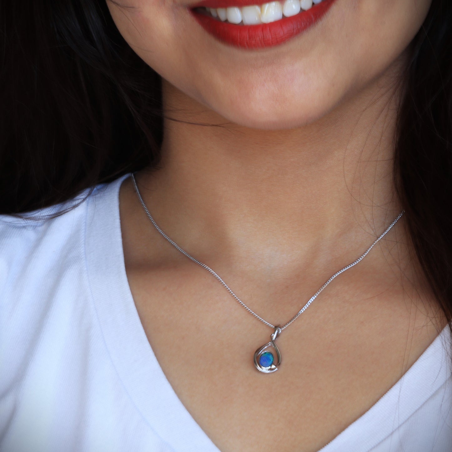 Opal Doublet Pendant – Sterling Silver, 6×4mm, Blue-Green