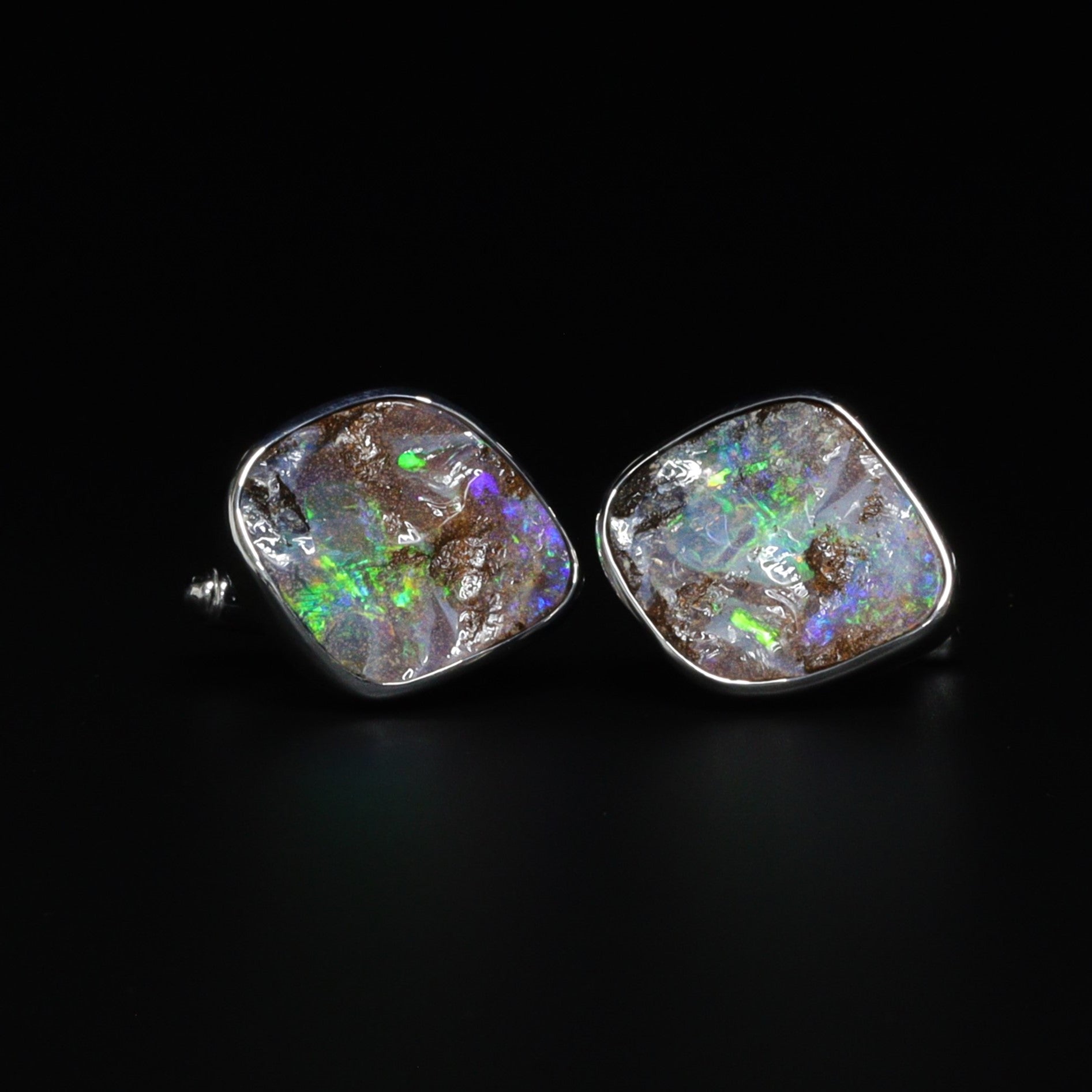 Australian boulder opal cufflinks in sterling silver, vivid green and purple play-of-colour through natural ironstone matrix