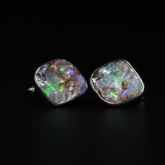 Australian boulder opal cufflinks in sterling silver, vivid green and purple play-of-colour through natural ironstone matrix
