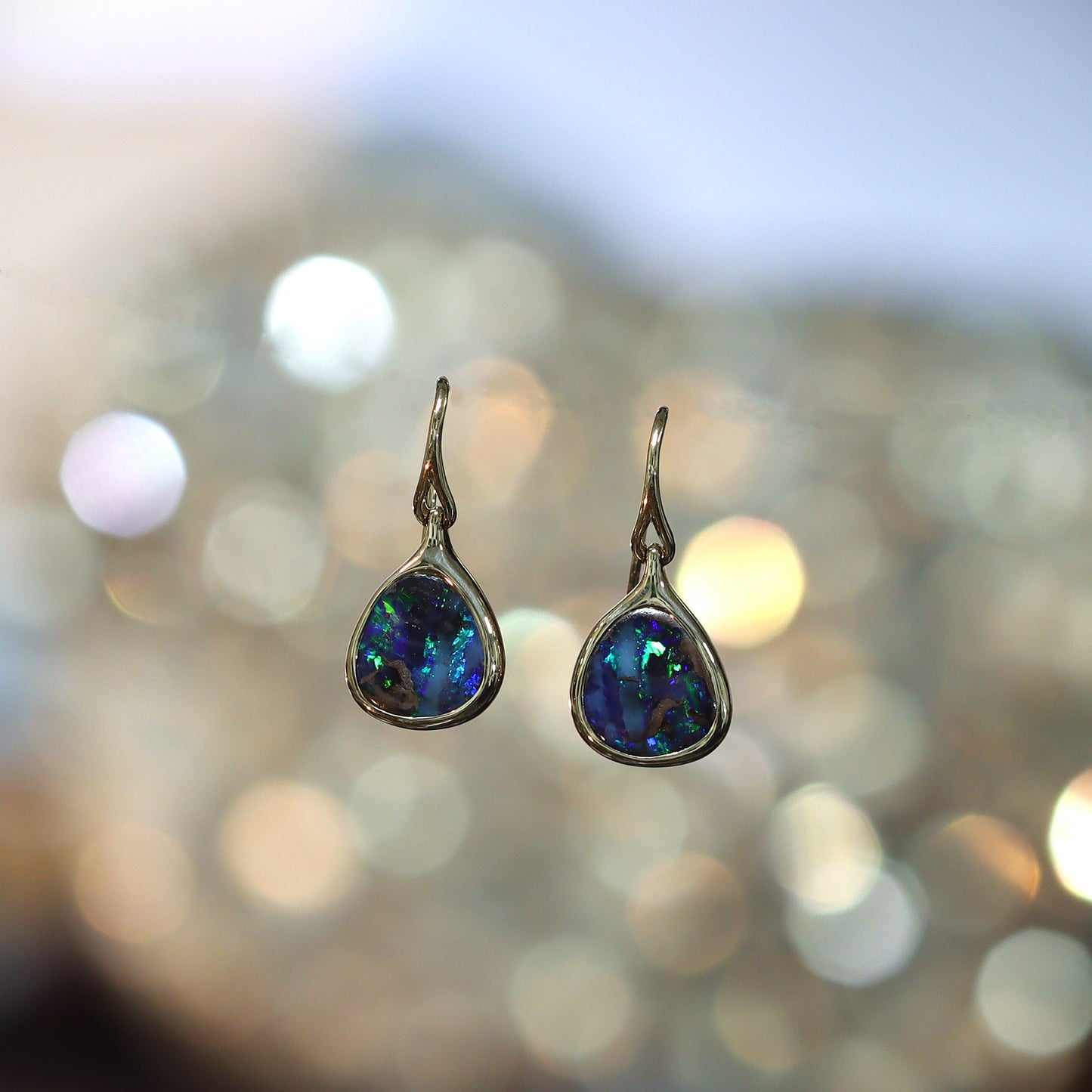 Australian Boulder Opal 18K Gold Earrings – Green Blue, Western Queensland