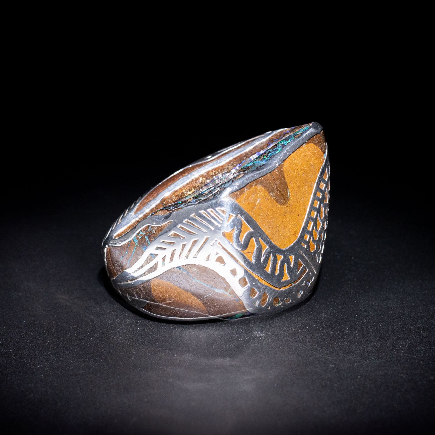 Australian Boulder opal specimen in pure silver art