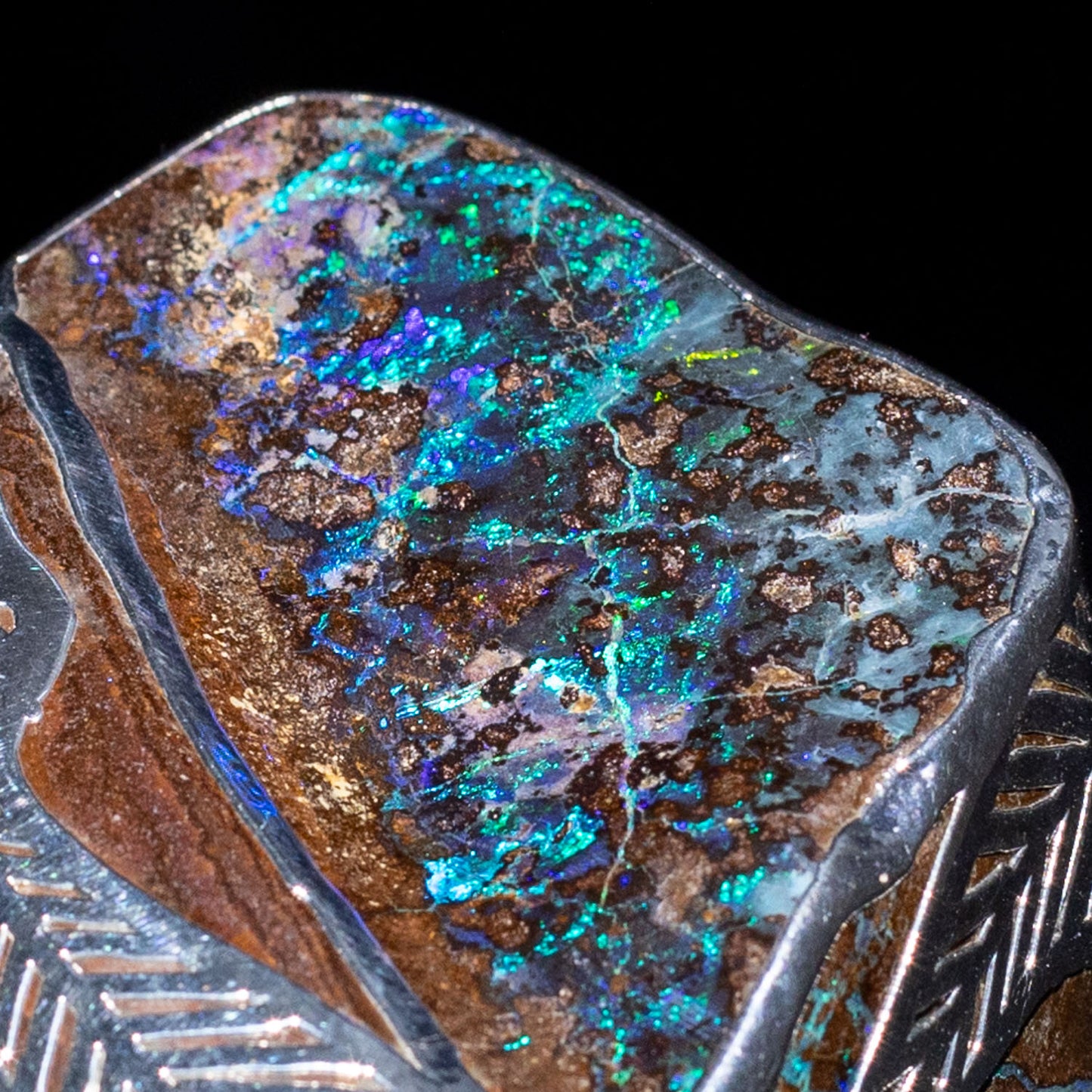 Australian Boulder opal specimen in pure silver art