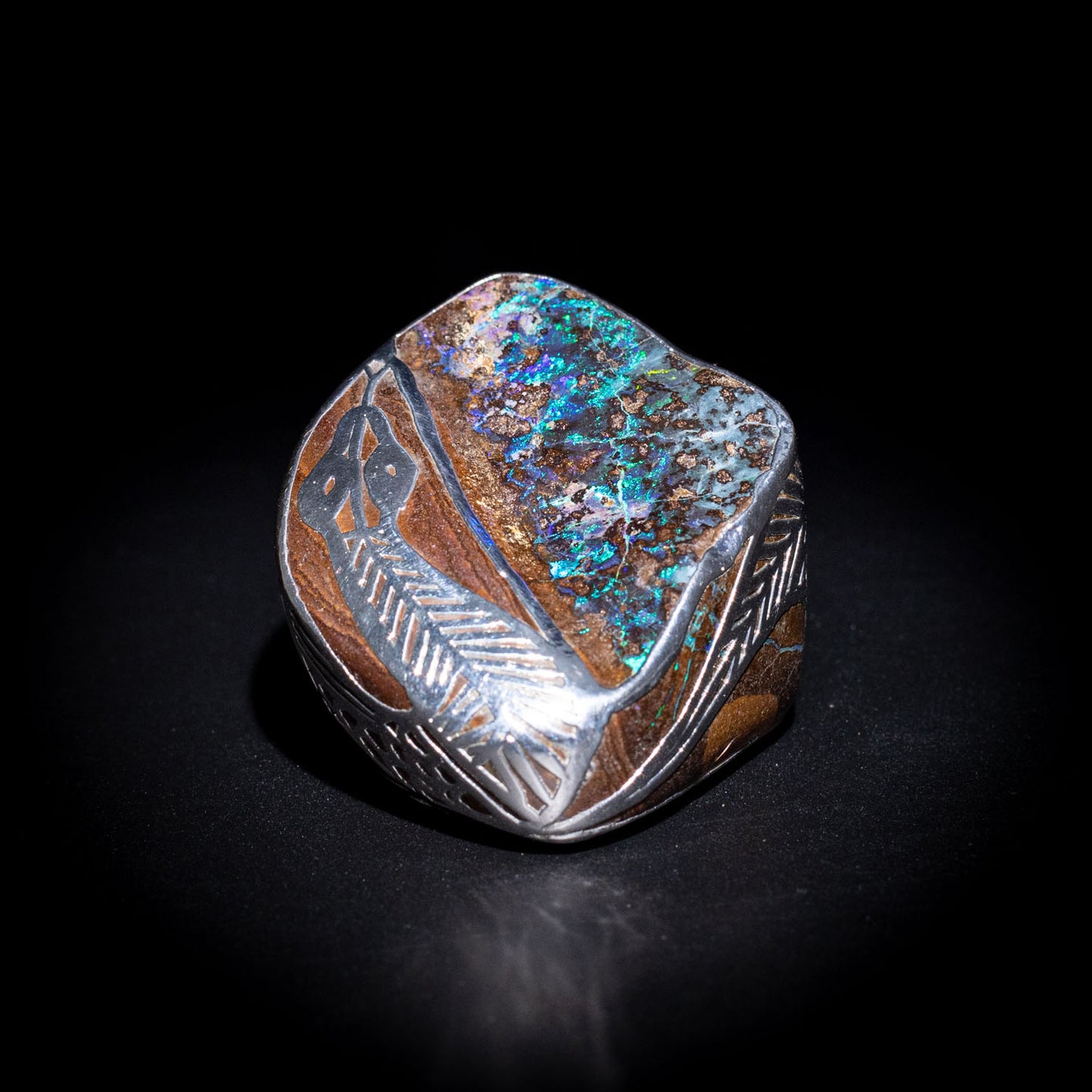 Australian Boulder opal specimen in pure silver art