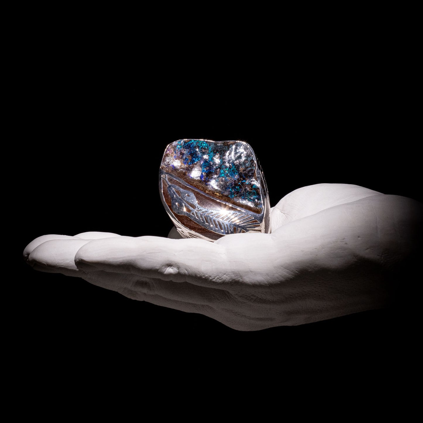 Australian Boulder opal specimen in pure silver art