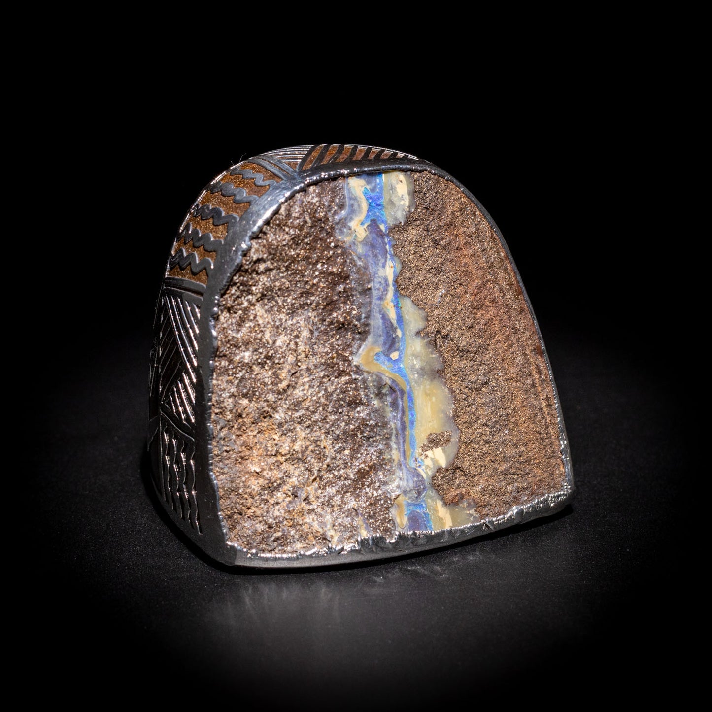 Australian Boulder opal specimen in pure silver art