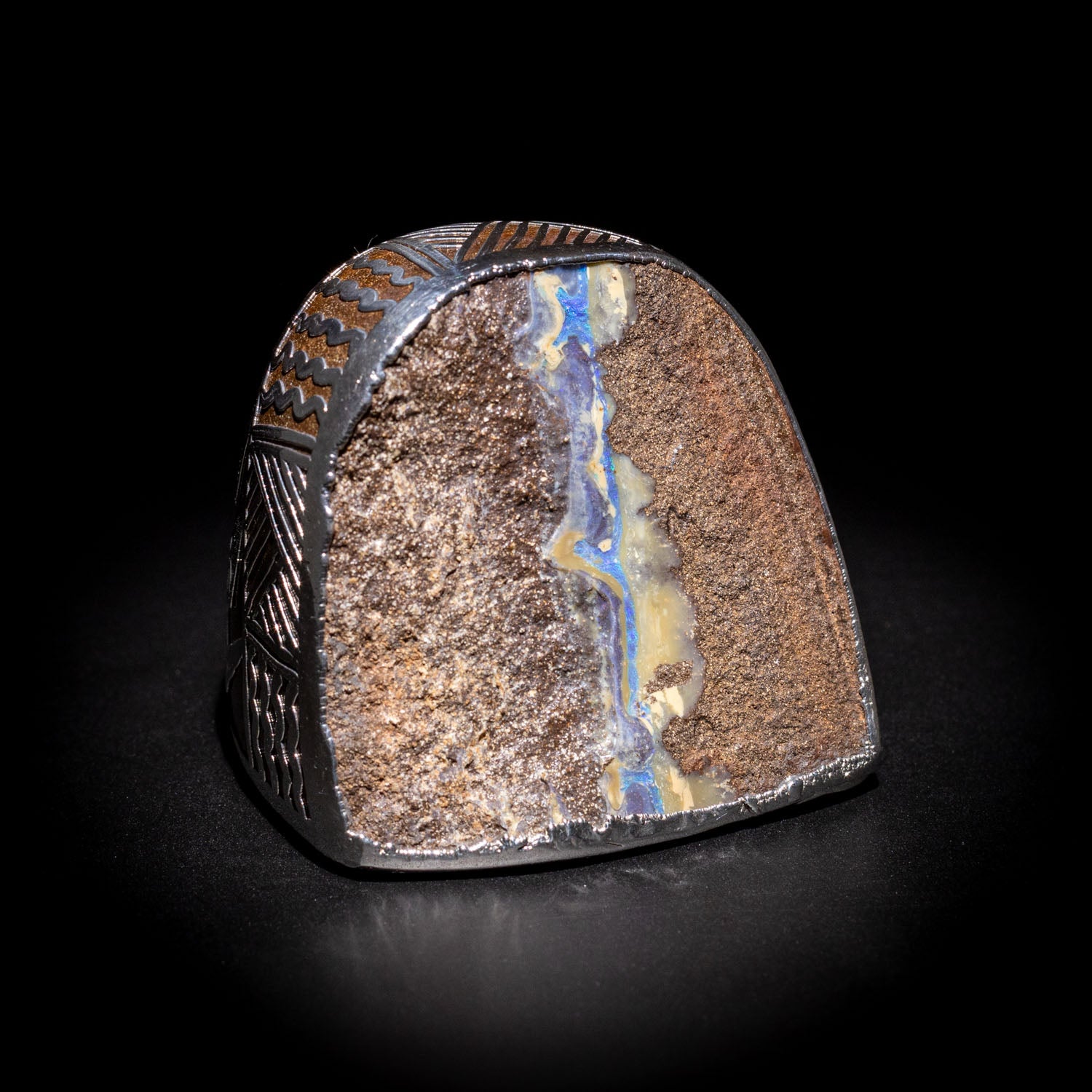 Australian Boulder opal specimen in pure silver art