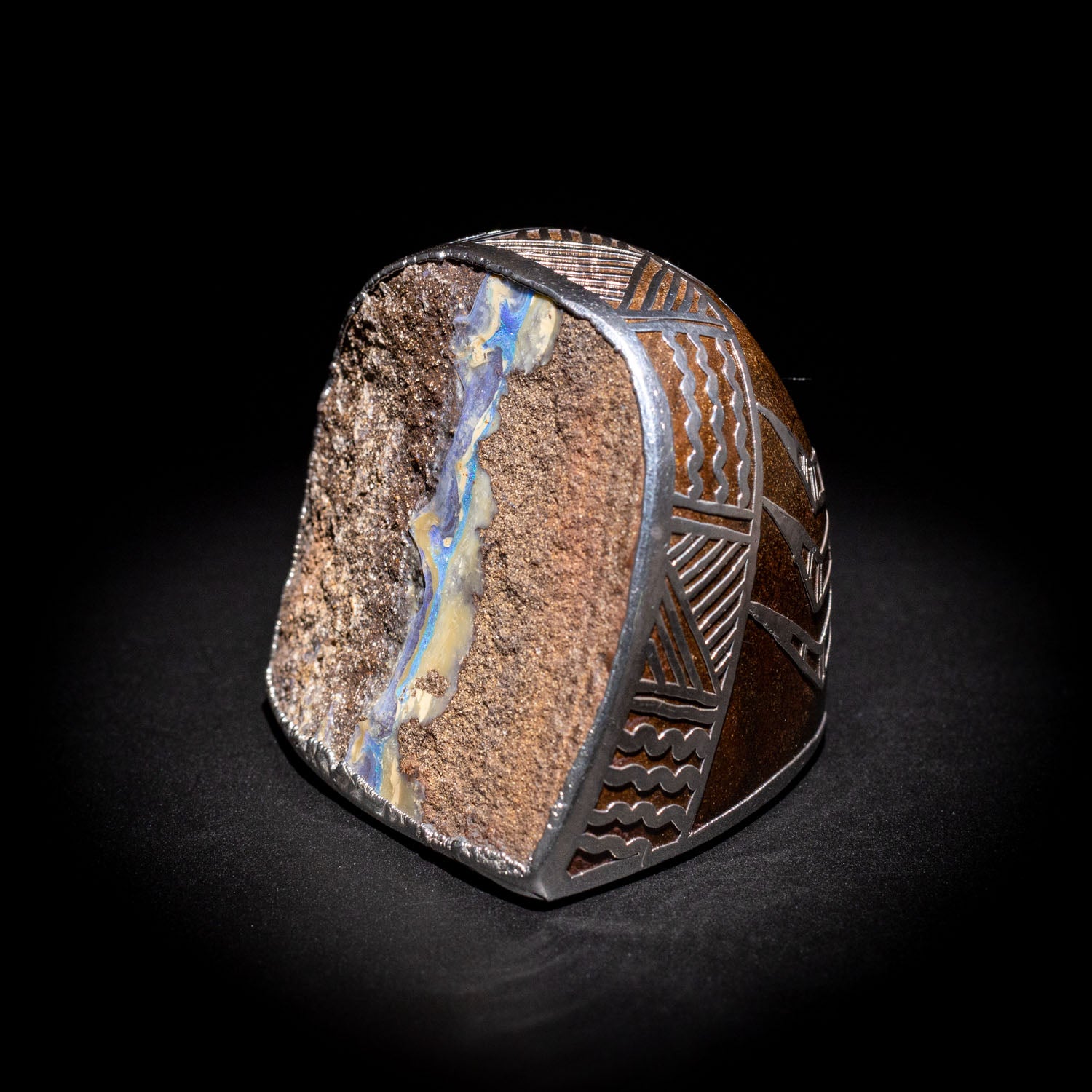 Australian Boulder opal specimen in pure silver art