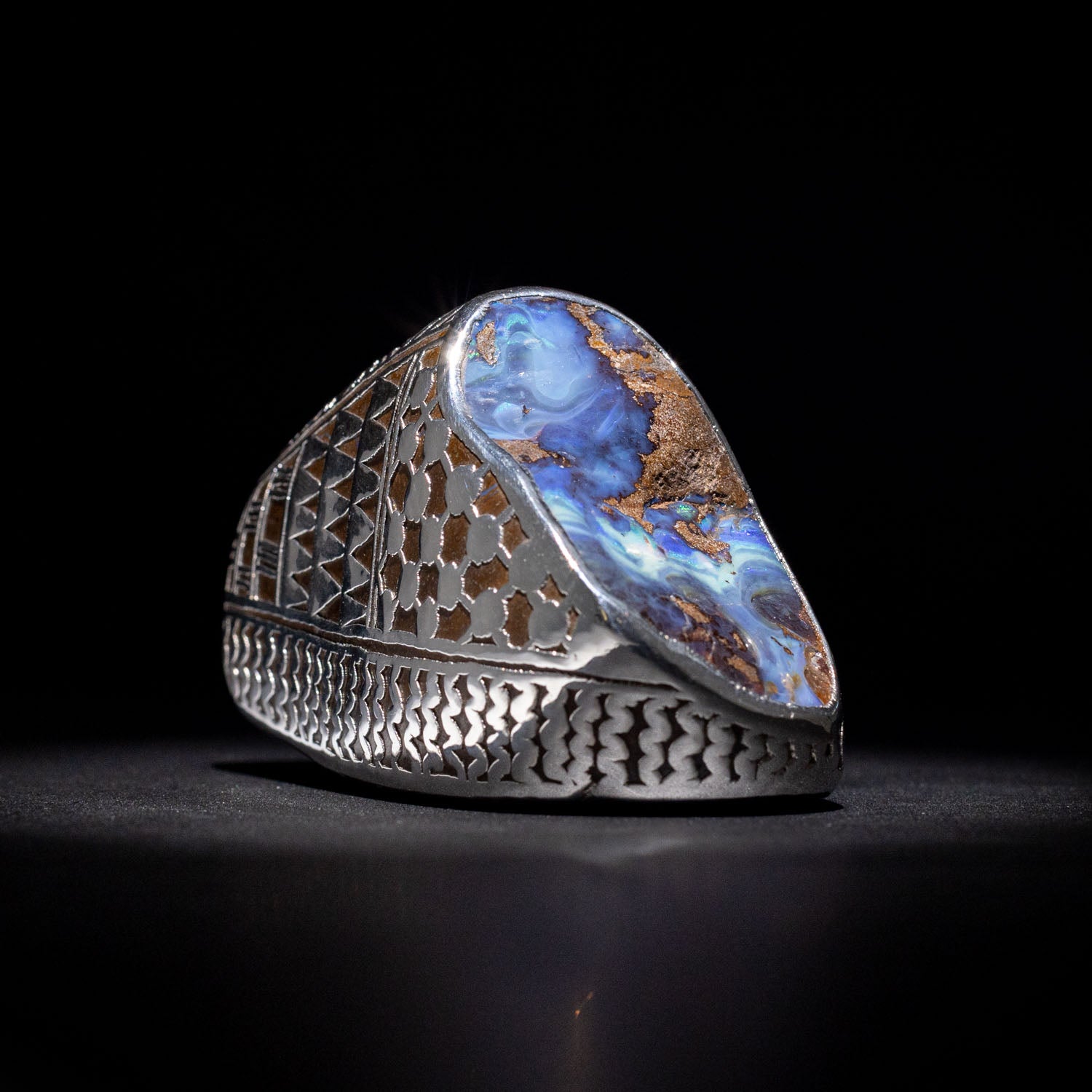 Australian Boulder opal specimen in pure silver art