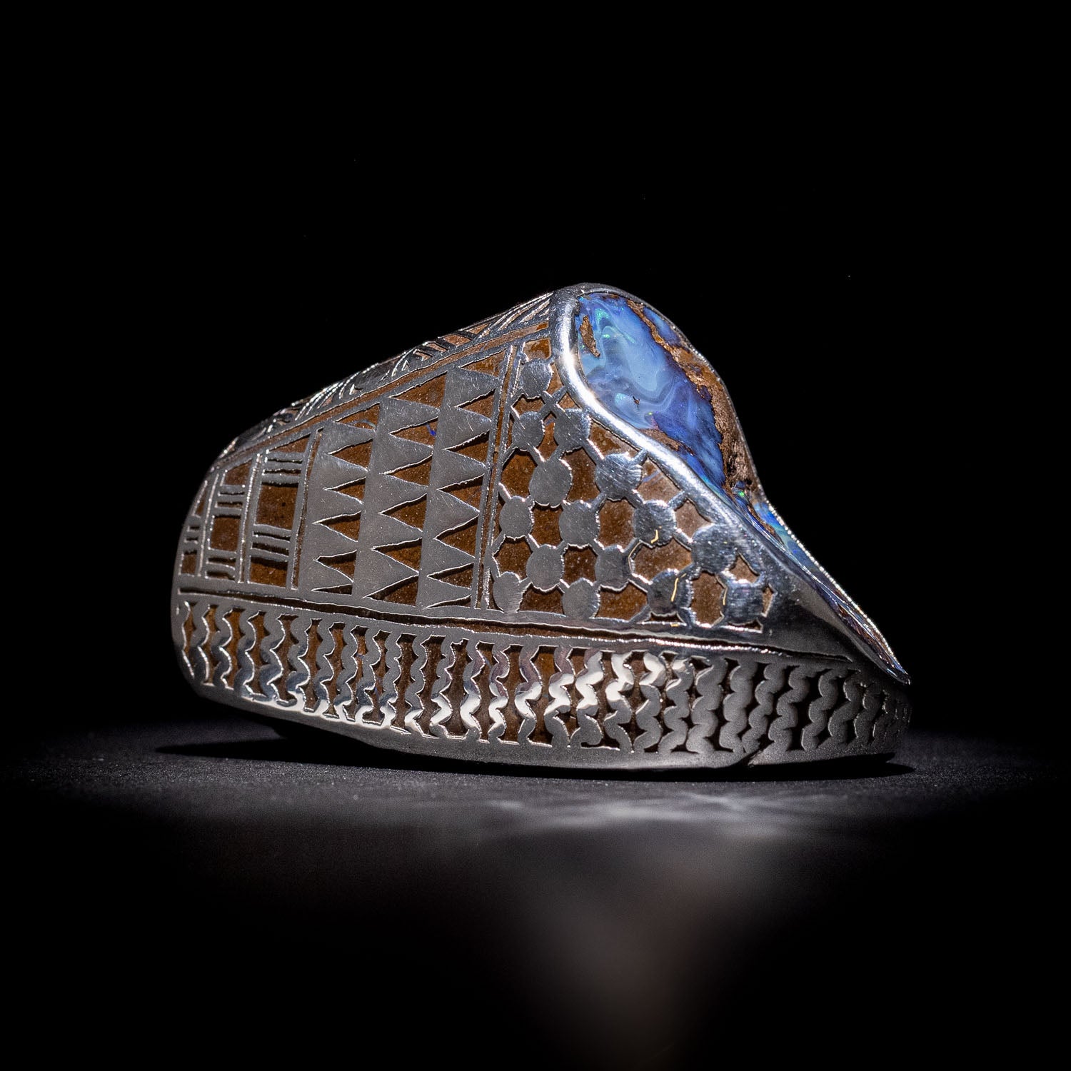 Australian Boulder opal specimen in pure silver art