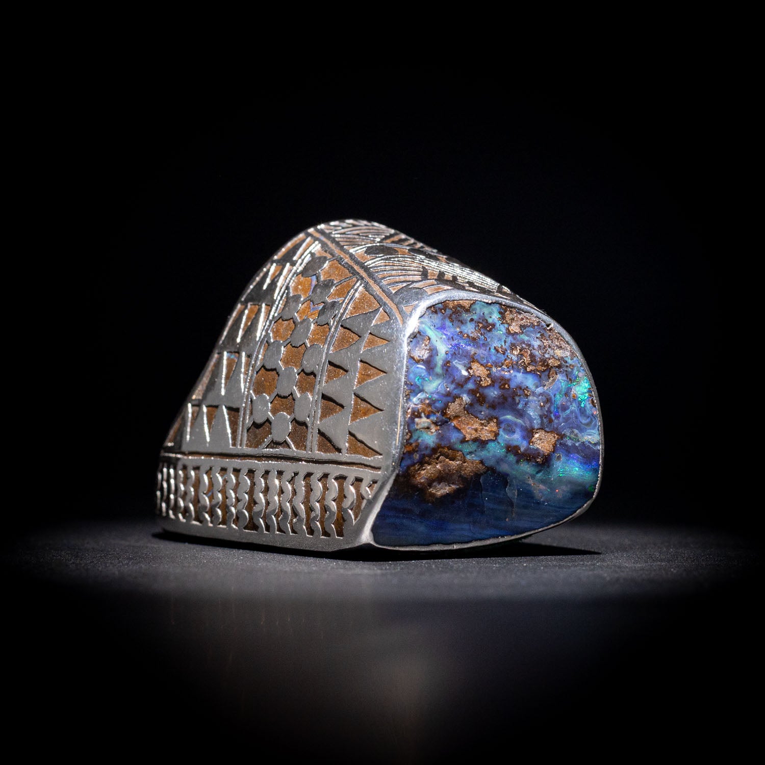 Australian Boulder opal specimen in pure silver art