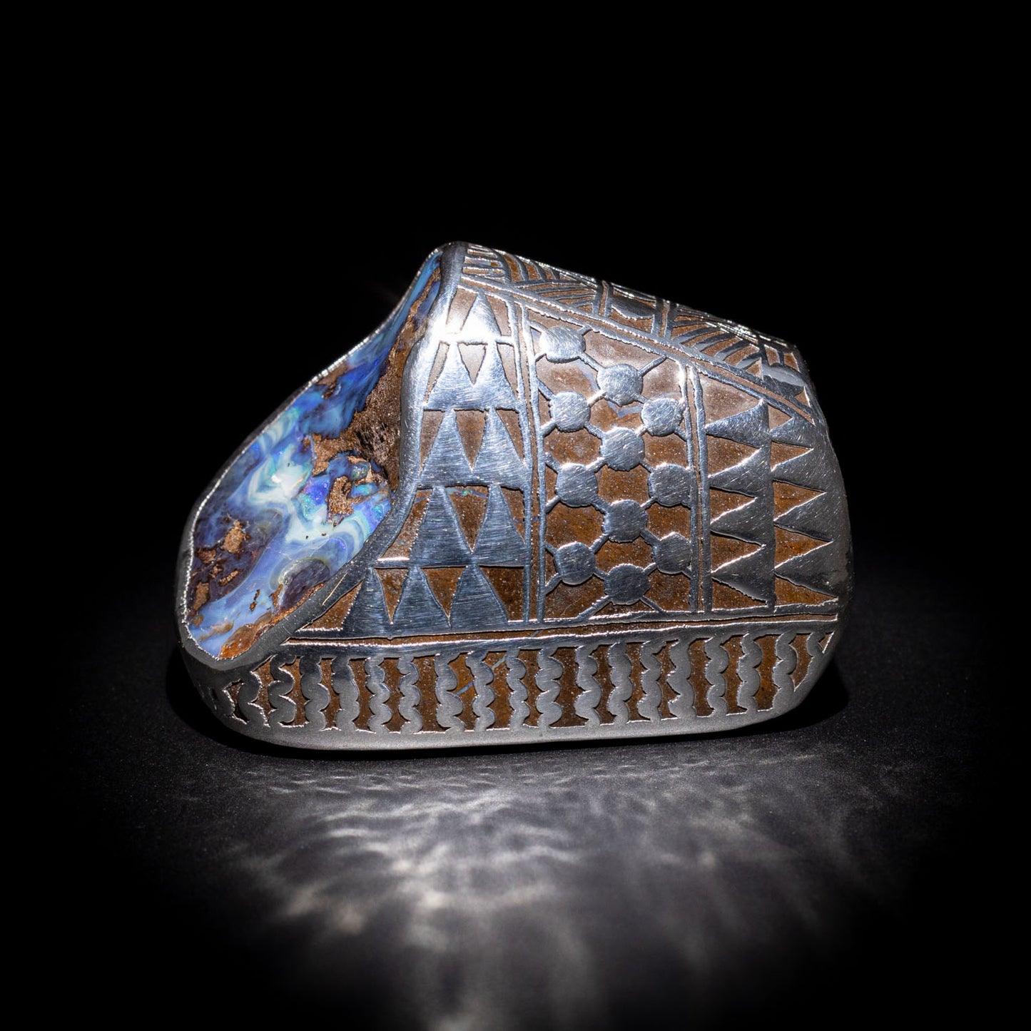 Australian Boulder opal specimen in pure silver art
