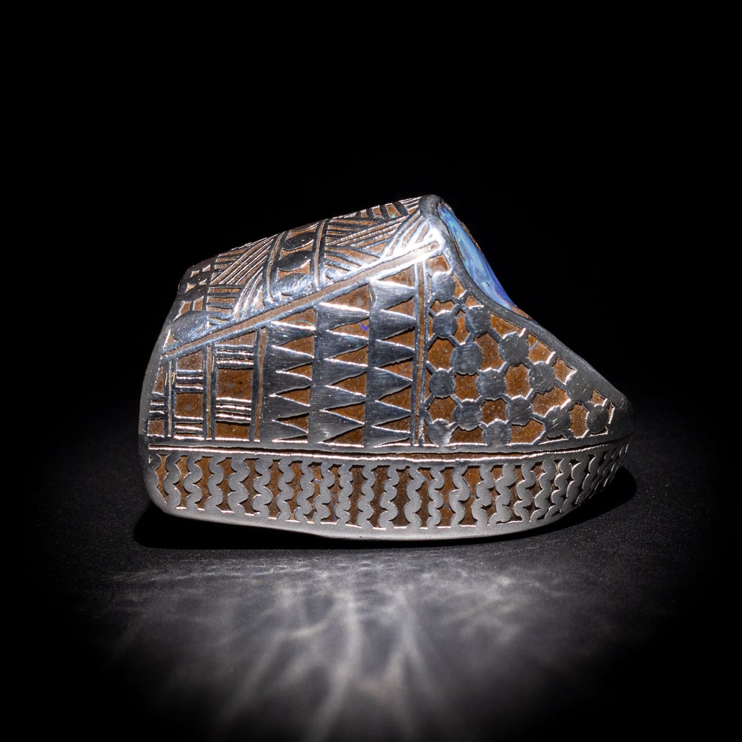 Australian Boulder opal specimen in pure silver art