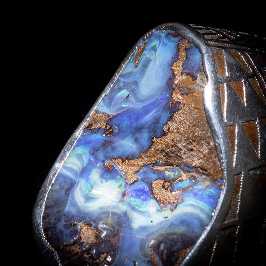 Australian Boulder opal specimen in pure silver art