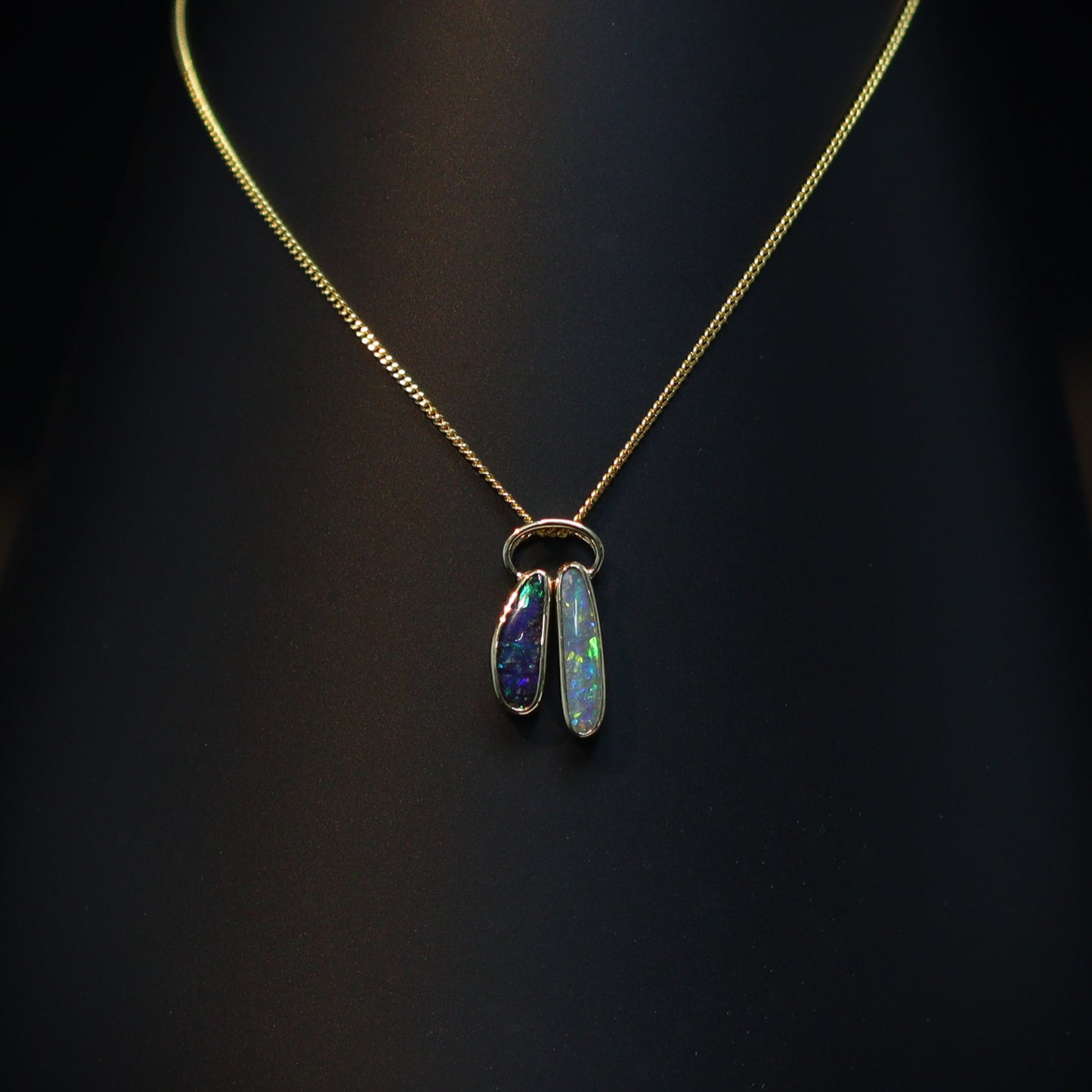 Australian Boulder and Black opal set in 18 K gold pendant