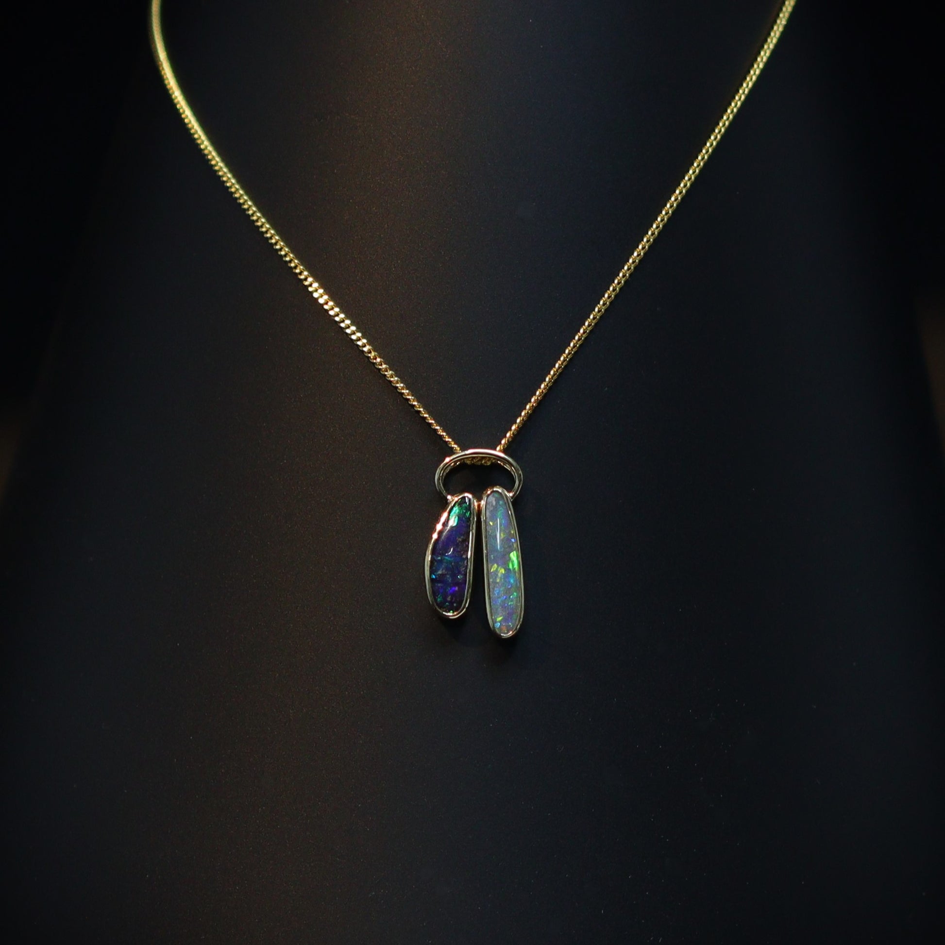 Australian Boulder and Black opal set in 18 K gold pendant