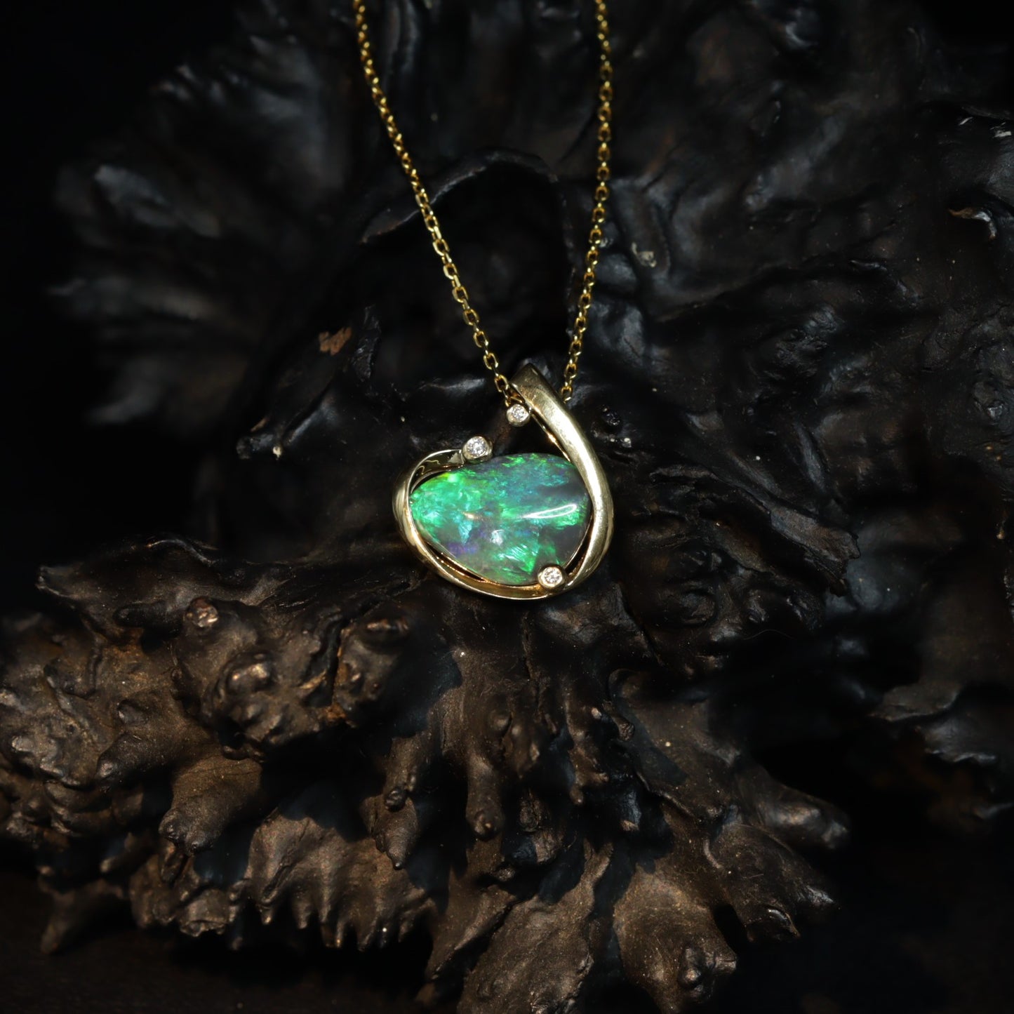 Australian Black Opal pendant 3.58ct on 18K gold-plated chain — full view with chain