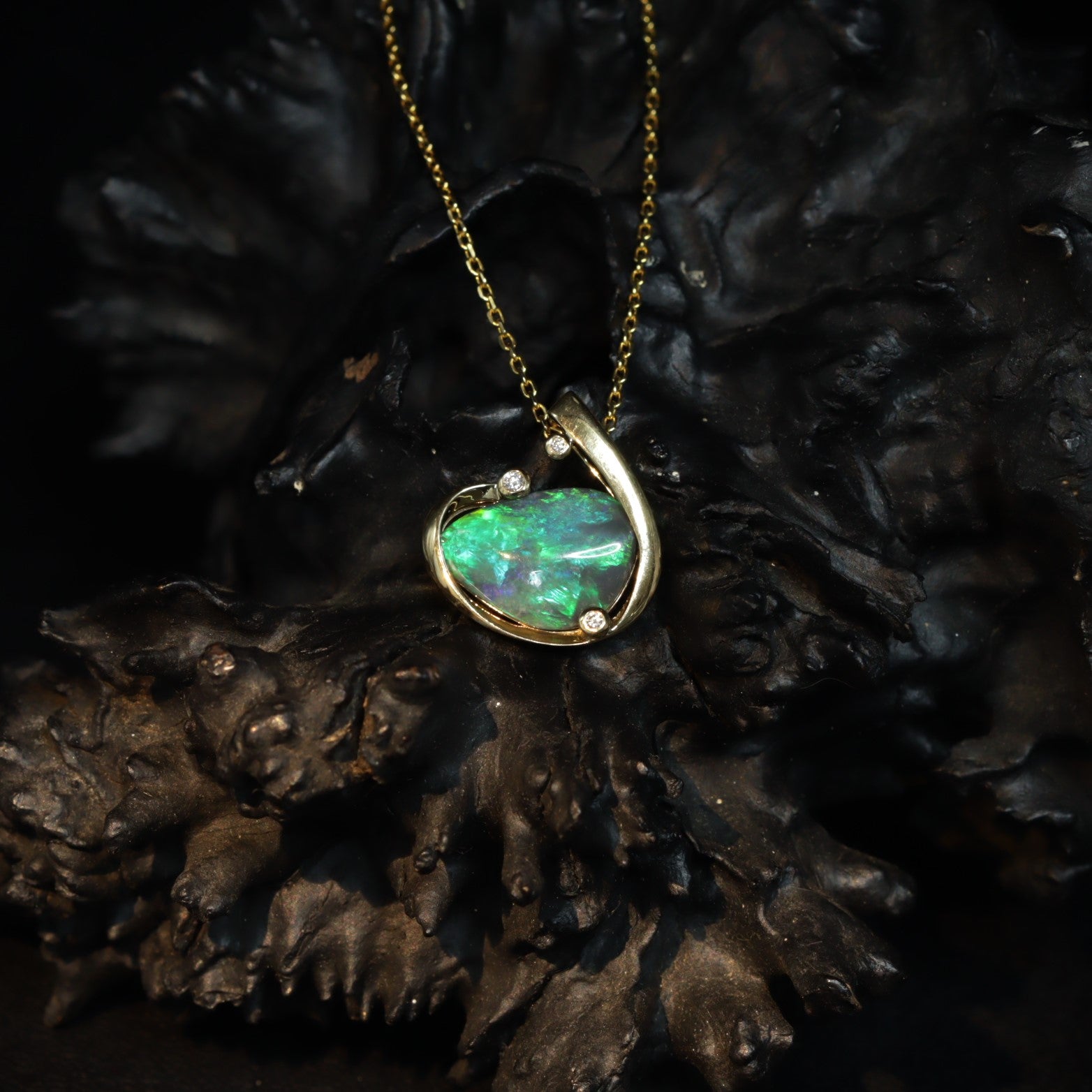 Australian Black Opal pendant 3.58ct on 18K gold-plated chain — full view with chain