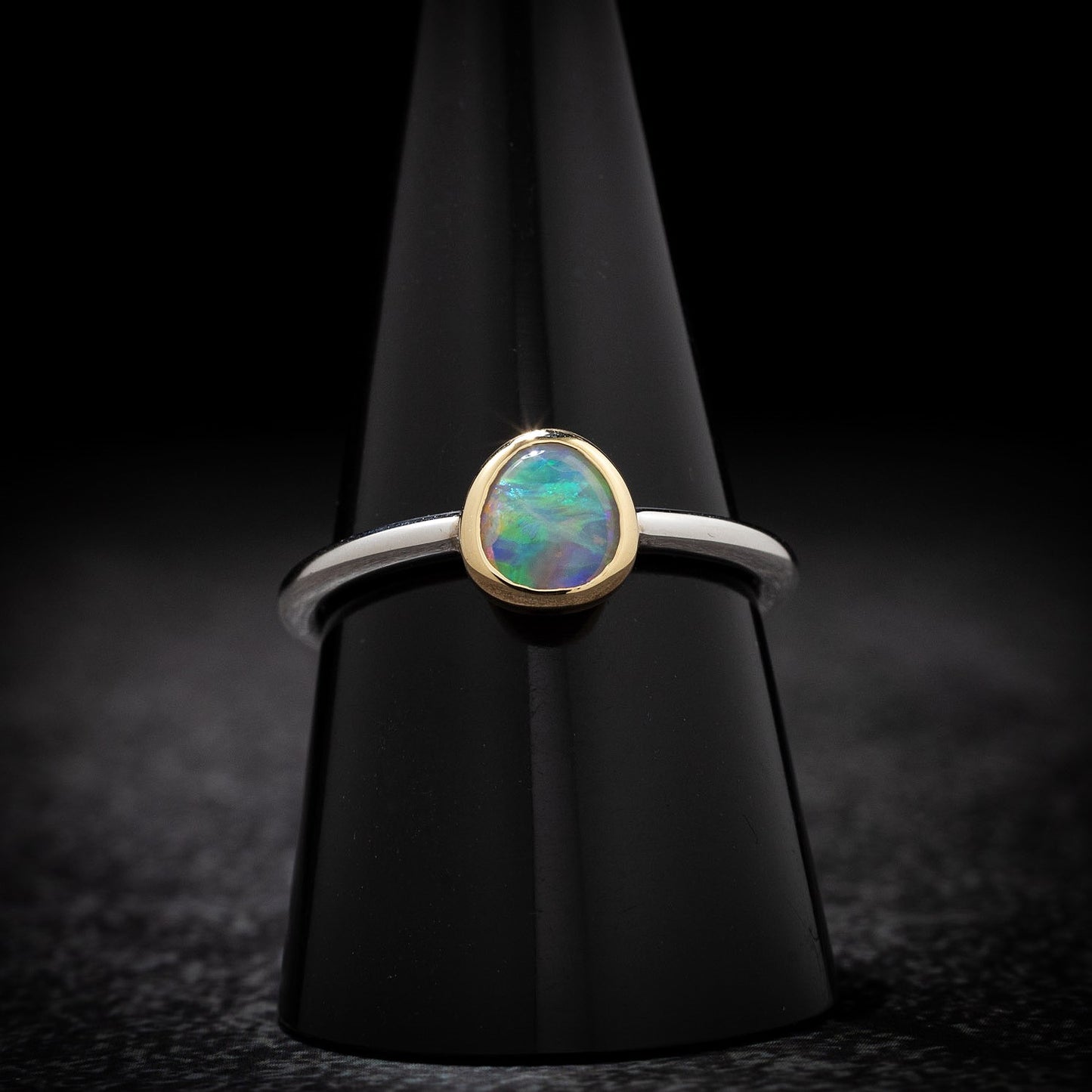 Australian Black Opal crystal in 18 karat Gold and Sterling Silver ring 