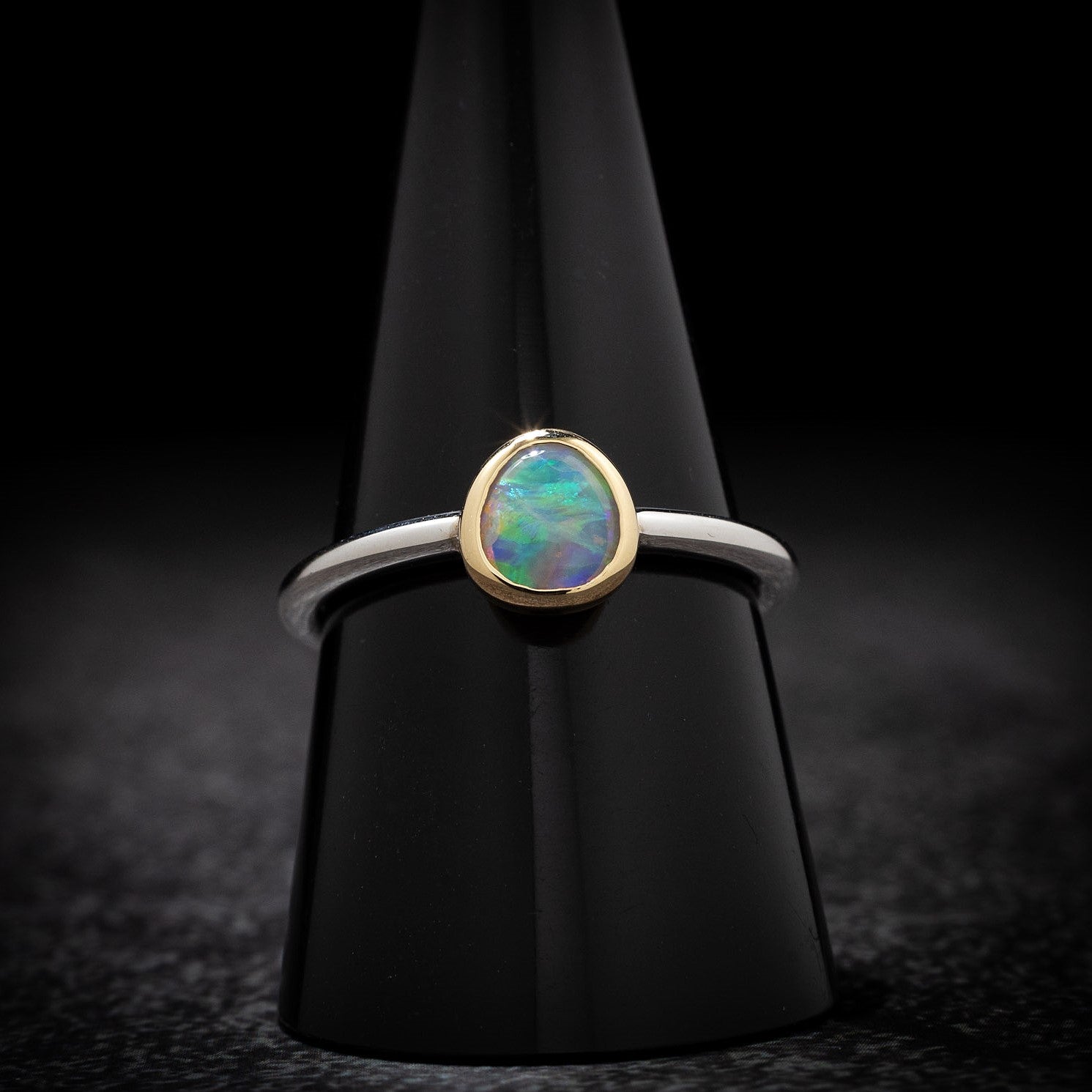 Australian Black Opal crystal in 18 karat Gold and Sterling Silver ring 