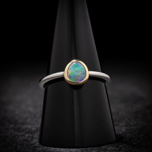 Australian Black Opal crystal in 18 karat Gold and Sterling Silver ring 