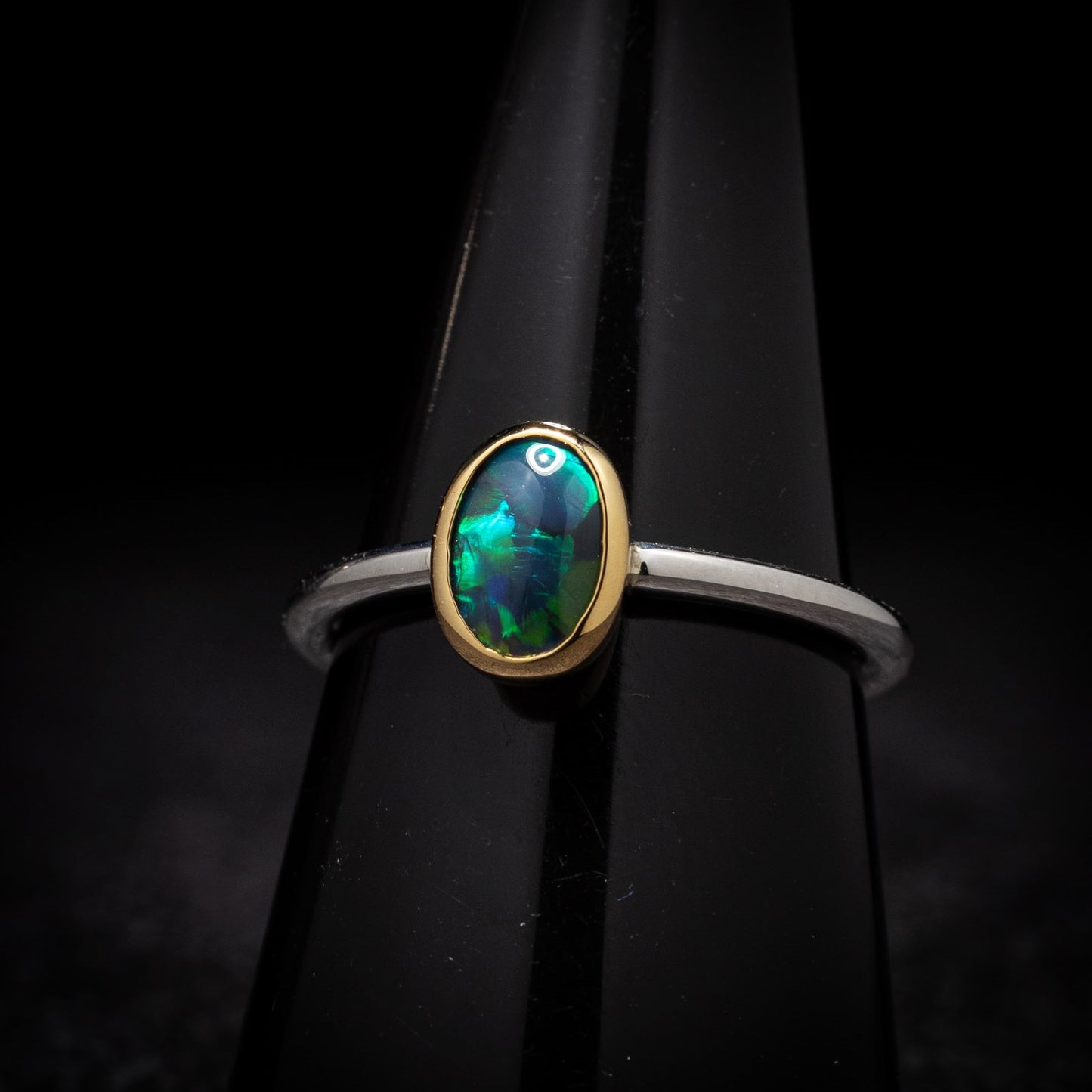 Australian Black Opal in 18 karat Gold and Silver Ring