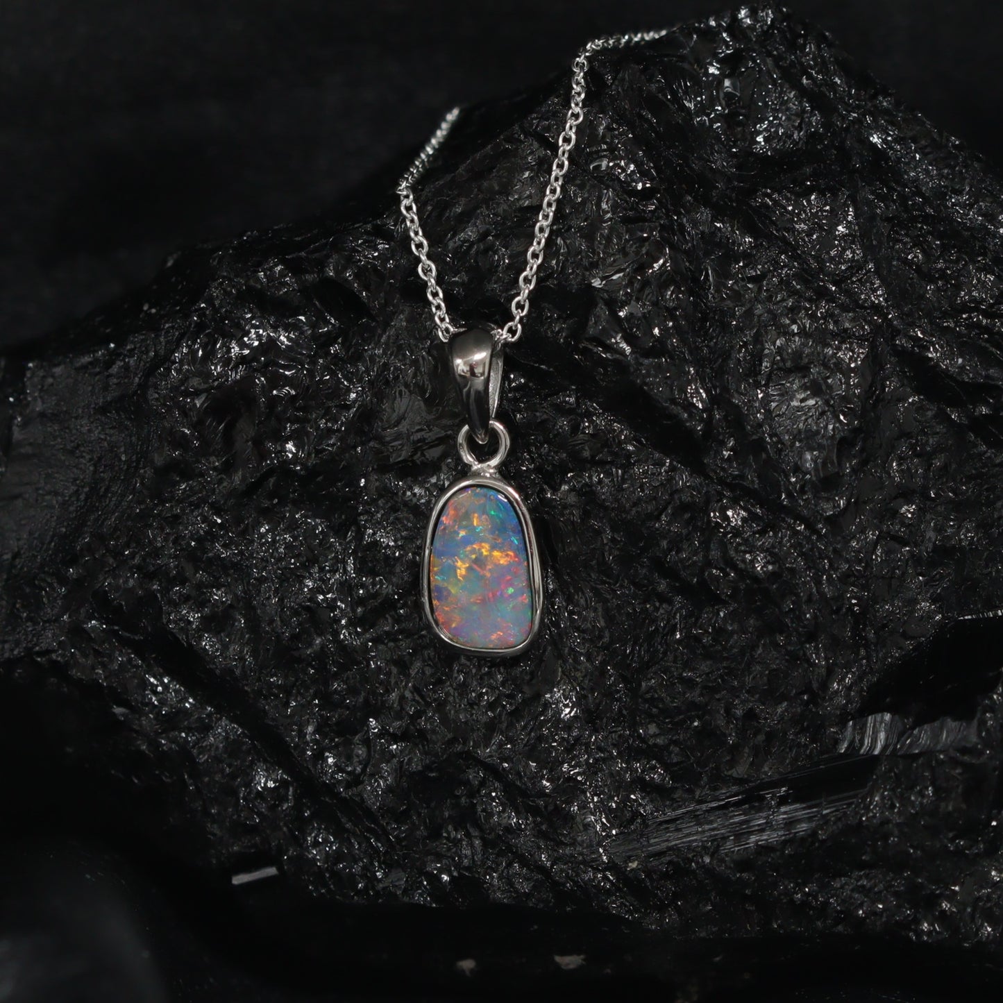 Opal Doublet Pendant – Sterling Silver, Red & Blue Multicolour 2614