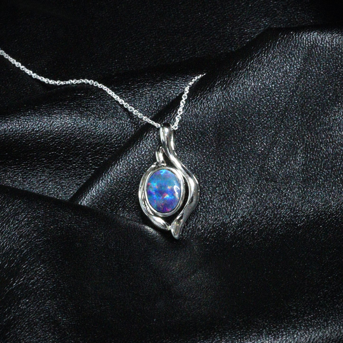 Opal Doublet Pendant – Sterling Silver, 9×7mm, Semi-Dark, Blue